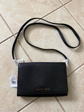Michael Kors Black Leather Crossbody Shoulder Bag with Gold Logo